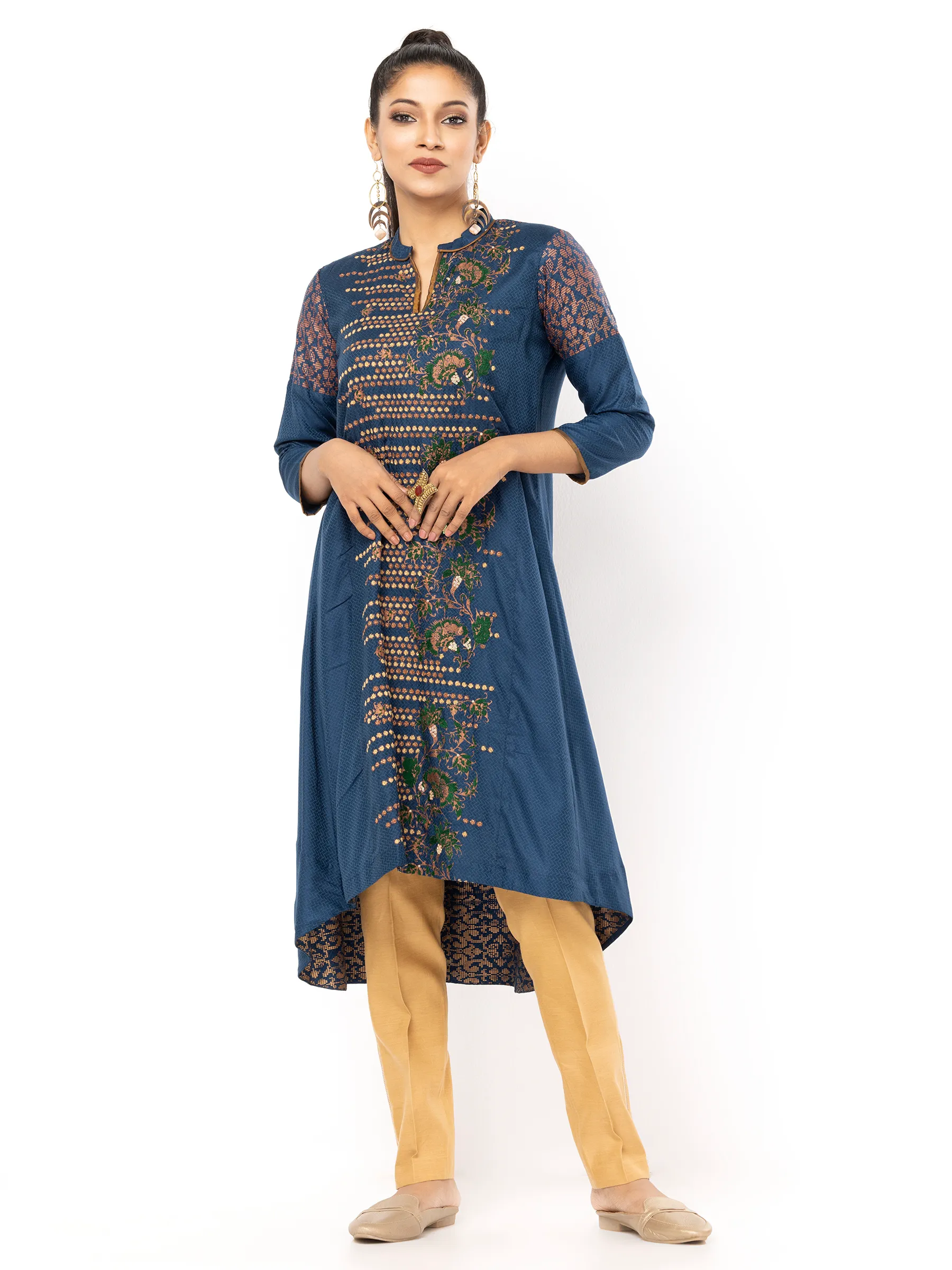 Teal Printed and Embroidered Viscose-Cotton Kurta